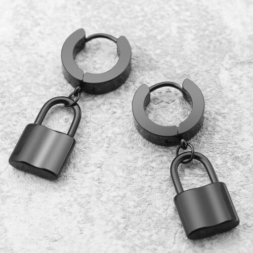Fashion Men Women Lock Earrings Color Gold Black Stainless Steel Round Heart Lock Pendiente Small Hoop Huggie Earrings Jewelry