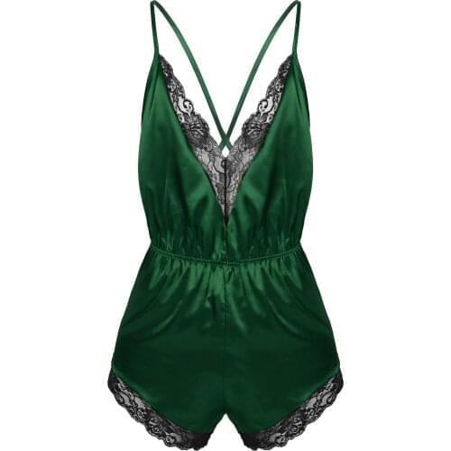 Men Underwear One-piece Lace Splice Jumpsuit Lingerie Bodysuit Sexy Nightwear Teddies V-neck Satin Pajamas Sleepwear Babydolls