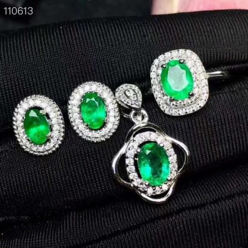 925 Silver Jewelry set Natural emerald Pendant Earring Ring sets Women Jewelry
