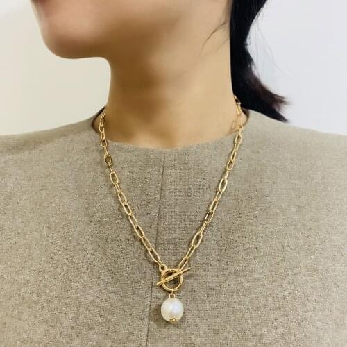 Quality Punk Simulated Pearl Pendant Necklaces for Women Shine Link Chain Layer Necklace Lasso Lariat Curb Cuban Collars Jewelry