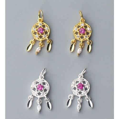 100% 925 Sterling Silver Dream Catcher Dangle Charms Plated Gold Zircon Fancy Ornament Pendants DIY Necklace Jewelry Making