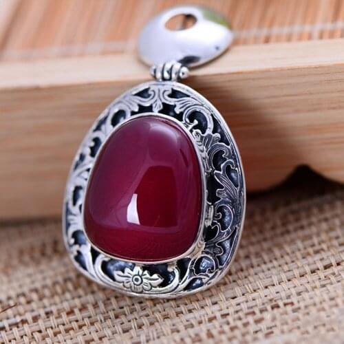 MetJakt 925 Sterling Silver Pendant for Sweater Chain & Natural Red Corundum Vintage Pendants for Womens Luxury Jewelry