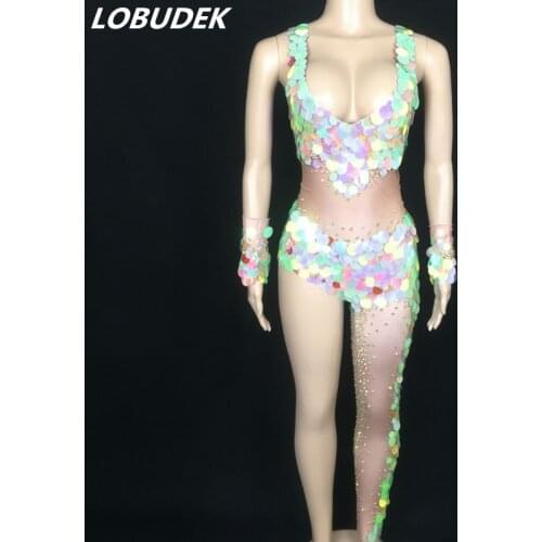 Sexy V Neck Single Leg Jumpsuit Glitter Sequins Rhinestones Stage Costume Nightclub Bar Women DJ Singer Dancer Performance Wear