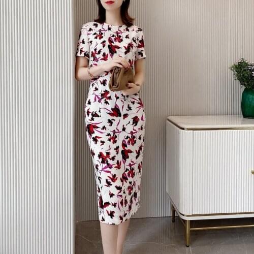 New York Queen Silk Floral Pront Bodycon Pencil Hourglass Dress Midi Elegant Dress 2020 Summer New Collections