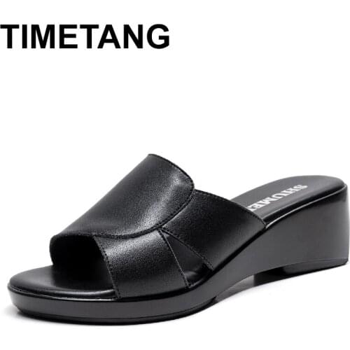 TIMETANG2020 fashion genuine leather slippers women summer shoes platform sandals ladies wedge sandals flip flops