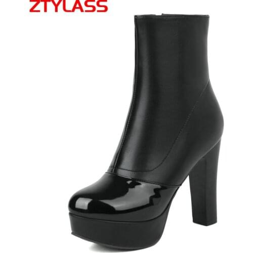 2021 New Black Fashion Women Platform Boots Pu Leather Square High Heel Ankle Boots Spring Autumn Zipper Woman Boots Shoes