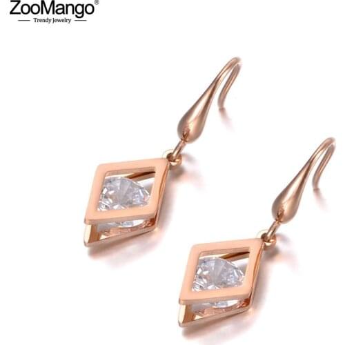 ZooMango Office Style CZ Crystal Geometric Titanium Stainless Steel Earrings Rose Gold Handmade Ear Jewelry For Women ZE19151