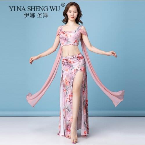 Aldult Oriental Practice Wear Set Printing Performance Dancing Women Bellydance Belly Dance Costume New Top Split Long Skirt Set