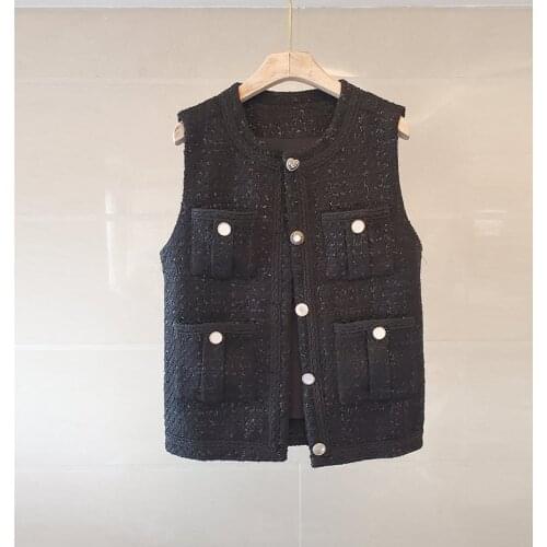 2021 New Autumn Temperament Single-Breasted Tweed Woolen Vest Vintage O- Neck Sleeveless Four-Pocket Wild Female Vest Outerwear