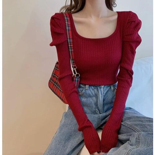 Womens Knitted Pullover Square-neck Puffed Sleeves Striated Pleated Tops Wholesale Spring Autumn 2021 New Fashion Lady Clothes