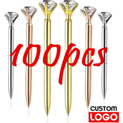100 Pcs/lot Big Crystal Diamond Metal Ballpoint Pen Ring Wedding Office Gift Roller Ball Pens Black Blue Ink Free Custom Logo