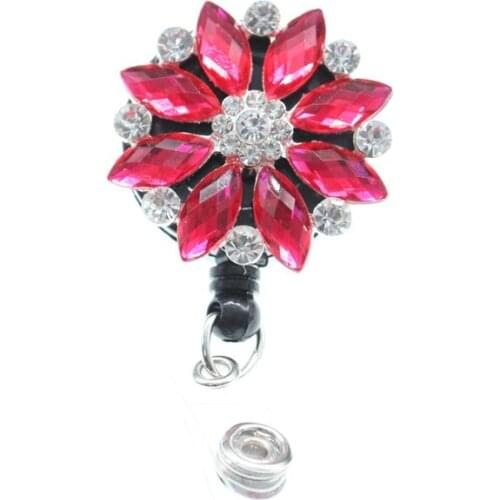 100pcs/lot Retractable Sparking Rhinestone Flower Shape ID Badge Reel Holder