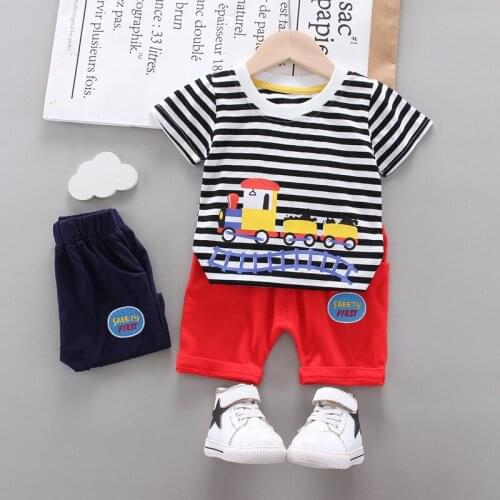 Cool Kid Boys Summer Clothes Kids Infant Outfit With Sunhat Fashion Cartoon Stripe T-Shirt+Shorts 2pc/Set Toddler Girls Clothing