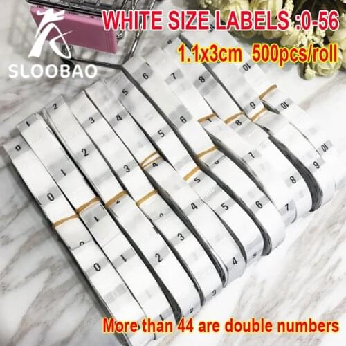 Free shipping 500 pcs/roll polyester clothing white woven size labels Job number 0-56 for Garment/clothing/Bags/shoes