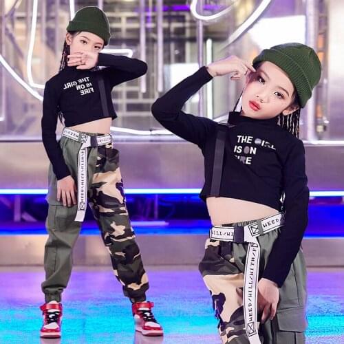 Kids Long Sleeved Jazz Dance Costume Camouflage Hip Hop Pants Girls Practice Modern Dancewear Ballroom Dance Clothes Rave BL4743