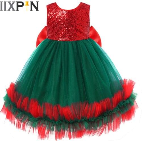 Children Girls Cosplay Christmas Dress Costume Shiny Sequins Mesh Tutu Ballet Dress with Ruffled Mesh Hem Kids New Year Clothing