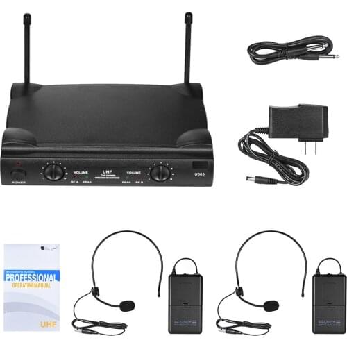 UHF Dual Channels Wireless Microphone Mic System with 2 Bodypack Transmitter 2 Headset Microphones 1 Receiver 6.35mm Audio Cable