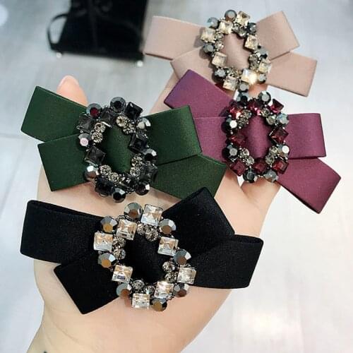 High Quality Korean Sweet Girl Simple Rhinestone Fabric Bow Tie Steel Spring Clip Barrettes Women Fashion Hair Accessories