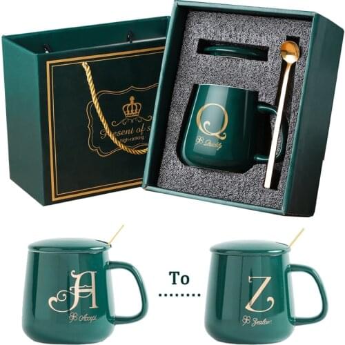 Mugs Coffee Cups Gift Set To Best Friend The Green Coffee Cup with Lid & Spoon Cup 26 Letters Custom Mug Mugs Bar Drinkware