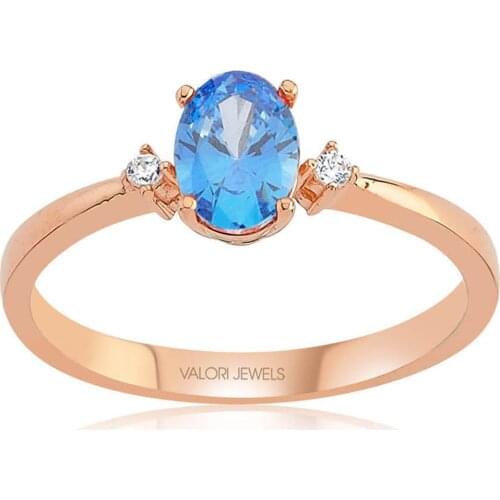 Valori Jewels 0.65 Carat, Zirconia Fancy Blue And White Oval Gemstone, Rose Gold Plated, Sterling Silver Solitaire Ring