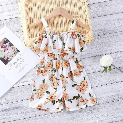 1-7 Years Girls Rompers Kids Summer Sleeveless Strap Princess Dress Cotton Flower Print Children Clothes Girl Casual Sundress