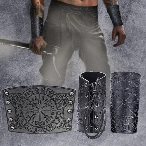 Halloween Cosplay Costume Medieval Punk Nordic Totem Viking Pirate Men Vegvisir PU Leather Armor Rivet Armor Bandage Wristband