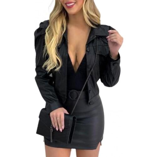 New Women Fashion Faux Leather Long Sleeve Buttons Jacket Coat Short Slim Outerwear Biker Streetwear wholesale dropping