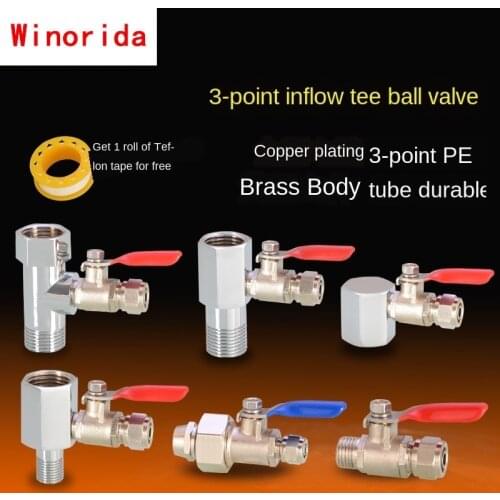 Brass Water Purifier Three Through The Filter Inlet Tee 1/2inch To 3/8inch Ball Valve Connector RO Pure Water Machine