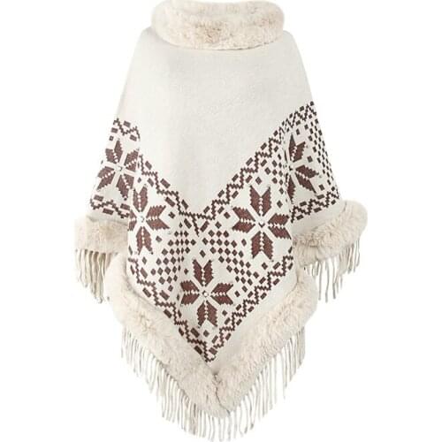 Fashion Tassel Pearls Cloak Shawl Sweater Oversized Ponchos Pullover Knitwear Women 2021 Autumn Winter New Fur Collar Patchwork