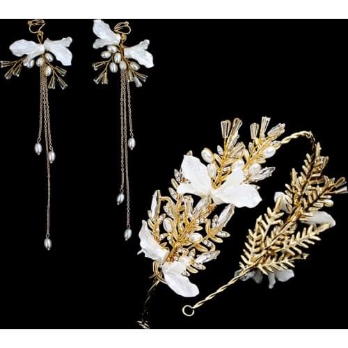 MOGAKU Korean Handmade Bridal Wedding Hair Jewelry Flower Pearl Headband and Earrings for Women Hairwear Fashion Accessories