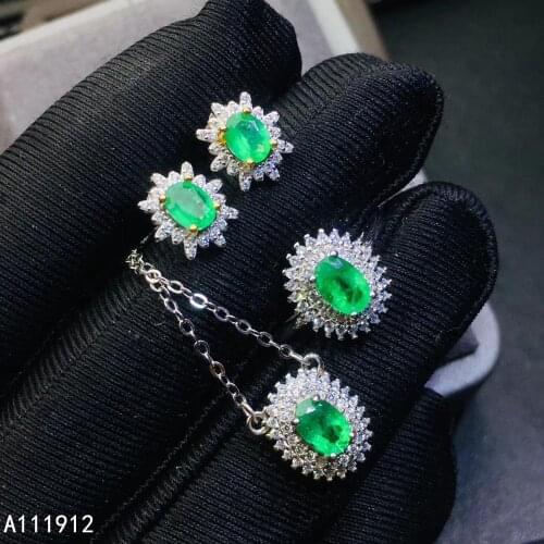 KJJEAXCMY fine jewelry natural Emerald 925 sterling silver women pendant necklace chain earrings ring set support test beautiful