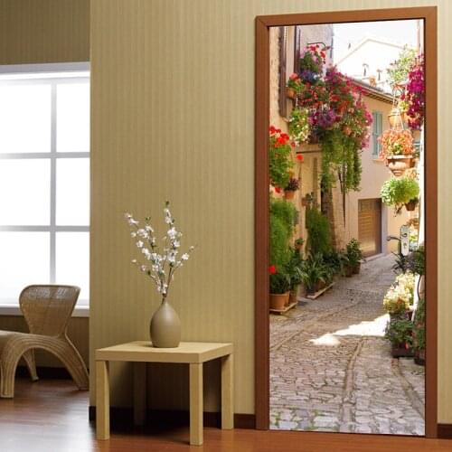Living Room Bedroom Door Sticker Pastoral Street View Small Road PVC Waterproof Self-adhesive Door Decoration Mural Wall Paper