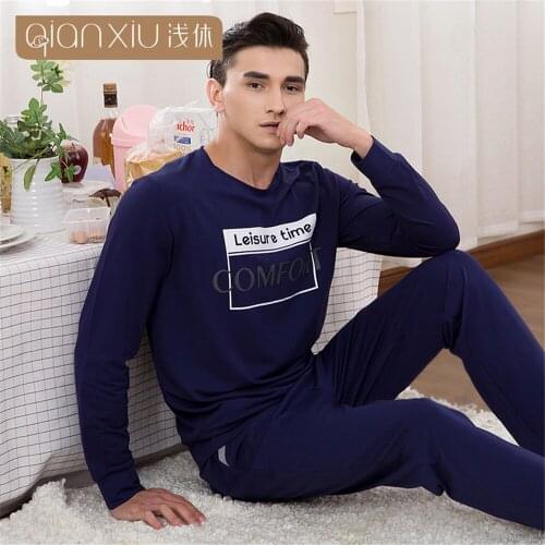 Qianxiu Spring New Mens Pajamas Cotton Long Sleeve Pantsuits Comfortable Sleepwear Can Wear Outside Couples Pijama Pyjama Homme