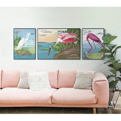 Print Canvas Paintings Nordic Scandinavian Office Wall Art Poster Picture for Living Room Tropical plants and Pink flamingos
