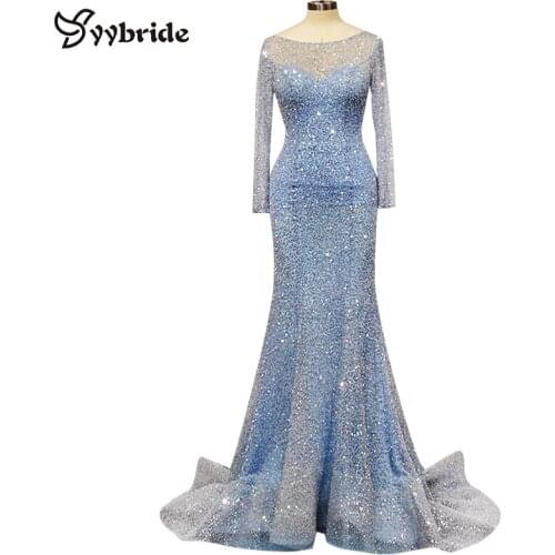 YYbride Blue Beading Scoop Neck Trumpet/Mermaid Prom Dresses Luxury BackLess Crystals Full Sleeves Court Train Evening Dresses