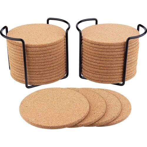 Cork Coasters for Drinks with Metal Holder,Natural Cork Absorbent Coaster Set Round Edge for Cold Drinks Wine Glass Cup