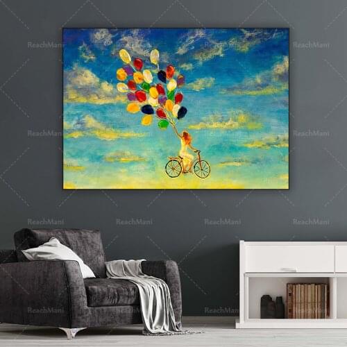 Happy girl in white dress riding a bicycle, oversized wall art decoration poster