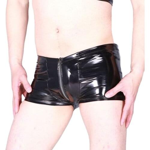 Sexy Men Plus Size U Convex Pouch Boxer PVC Shiny Zipper Open Faux Leather Underwear Boxers Shorts Cool Male Gay Wear