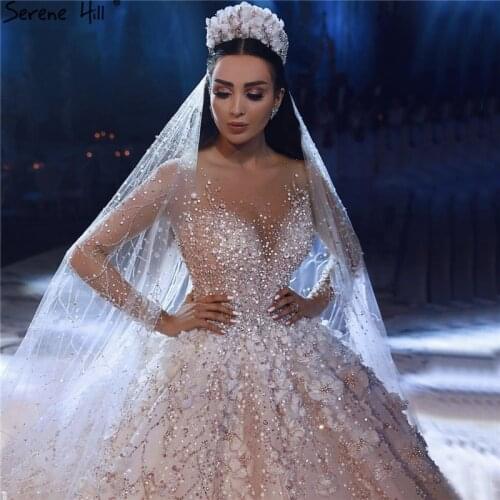 Serene Hill Extreme Luxury Ivory Long Sleeves Wedding Dress 2019 High-end Handmade Flowers Sequins Bridal Gown CHA2213