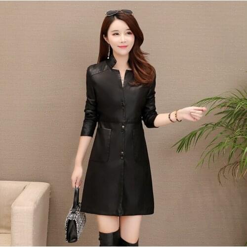 Women Black Faux Soft Leather Jacket L- 6XL 2019 New Design Ladies Ventilation PU Leather Long Trench Coats Female Streetwear