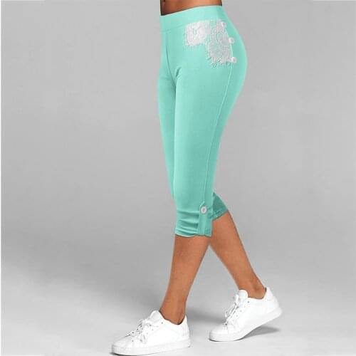 Women Summer Slim Lace Print Button Capri Pants Elastic Casual Cropped Trousers Cropped Stretch Plus Size S-5XL gym clothing