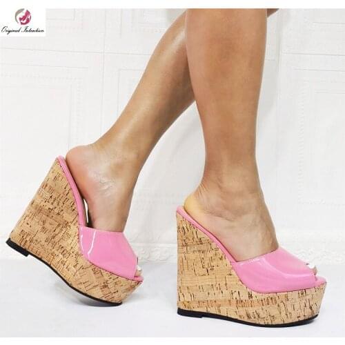 2021 New Fashion Peep Toe Womens Slippers Summer Wood Grain Bottom Wedge Shoes Sexy Super High Platform High Heels Sandals Pink
