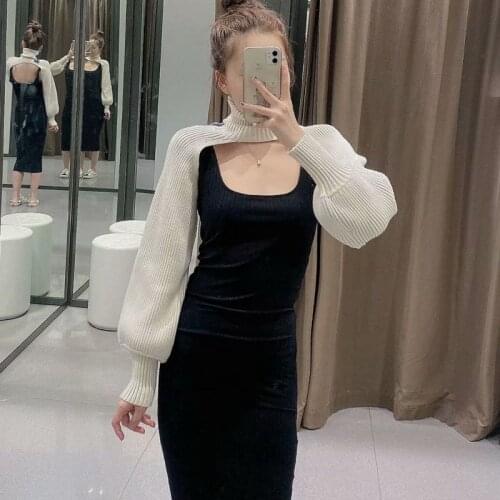 DEWADBOW Casual Turtleneck Crop Top Sweater Women Smocked Solid Vintage Knitted Jumpers Ladies Fashion Long Sleeve Pullovers