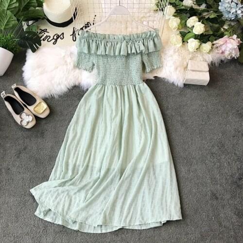 FMFSSOM Women Sexy Off Shoulder Dress 2020 New Summer Ladys Slash Neck Short Sleeve High Waist Medium Long Dresses