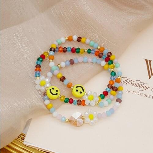 1 PC Handmade 5mm Glass Crystal Beaded Stretch Elastic Bracelet Flower Smile Heart Acrylic Friendship Adjustable Women Bracelet