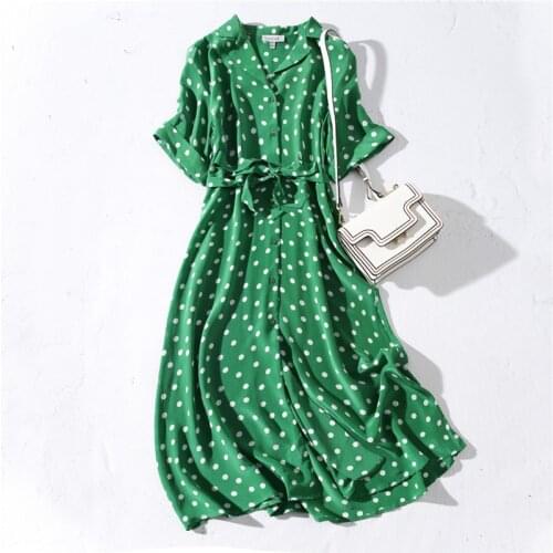 100% Silk Summer Dresses for Women Green Long Dress Female Polka-dot Shirt Dress Korean Fashion 2021 Vestido De Mujer Pph4948