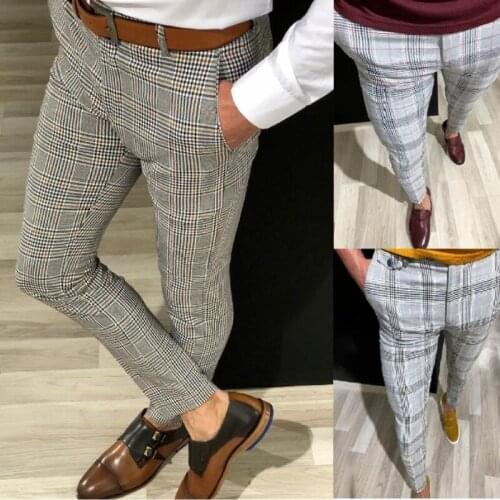 Plaid Pants Mens Solid Color Dress Pants Harajuku Fashion Man Hip Hop Clothing Elastic Male Leisure Trousers Streetwear Slim Fit