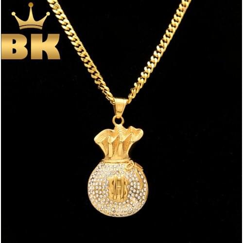 Gold Color Iced Out Micro Pave Set Cz Glitter Cash Money Bag $ Pendant Stainless Steel 30" Cuban Chain Hip Hop Necklace