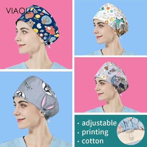 100%Cotton Scrubs Caps Long Hair Unisex Scrubs Cap Clearance House Work Hats Health Service Work Hat High Quality with Sweatband