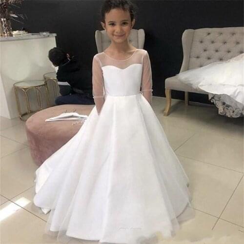 Sweetheart Long Sleeve Satin Flower Girl Dresses Sheer Jewel Neck A Line Party Birthday Dress with Bow Backless First Communion